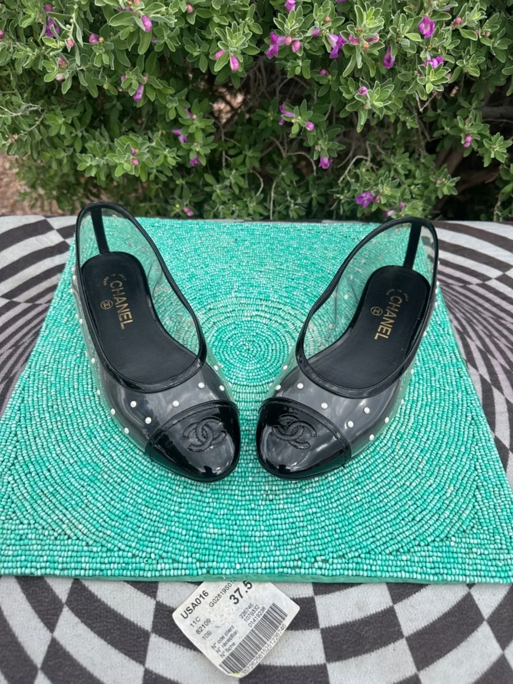 CHANEL PVC serial#GO2819 clear balerina flats 37 1/2 with Pearl Polka Studs-used